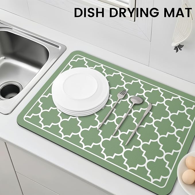 WISELIFE Dish Drying Mat Super Absorbent Drying Mat Large Dish Drying Mats for Kitchen Counter Easy Clean Dish Mat Kitchen Drying Mat16"x 24" Stylish Green