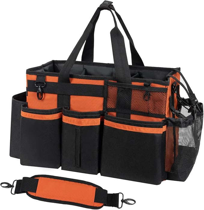 SCAVATA Wearable Cleaning Caddy, Cleaning Caddy Supplies Organizer with Handle & Shoulder Straps for Housekeepers, Under Sink & Car Cleaning Tool Organizers Bag with 4 Foldable Divider (RetroOrange)