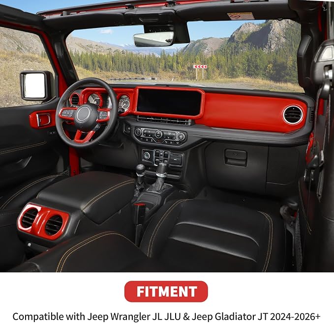 21PCS Full Set Interior Trim Kit for 2024-2026+ Jeep Wrangler JL JLU & Jeep Gladiator JT, Dashboard Side Outlet Door Handle Bowl Headlight Switch Roof Reading Light Cover (Red)