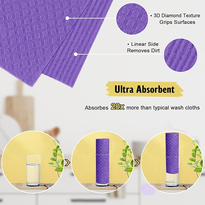 MoLKENE Swedish Dishcloths - 10 Pack Reusable Kitchen Dishcloths - Ultra Absorbent Dish Towels for Washing Dishes - Cellulose Sponge Cloth Cleaning Cloths - Purple