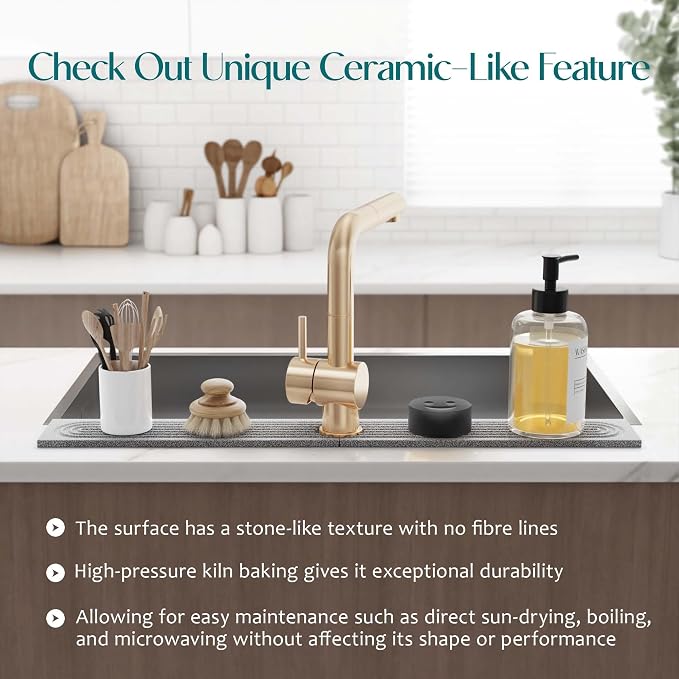 Stone Faucet Mat for Kitchen Sink, Food-Grade Diatomite Stone Drying Mat for Kitchen Counter, 2026 Upgraded Dishwasher-Safe & Ultra Absorbent, Stone Dish Matt for Bottles Utensils (30" x 3.9")