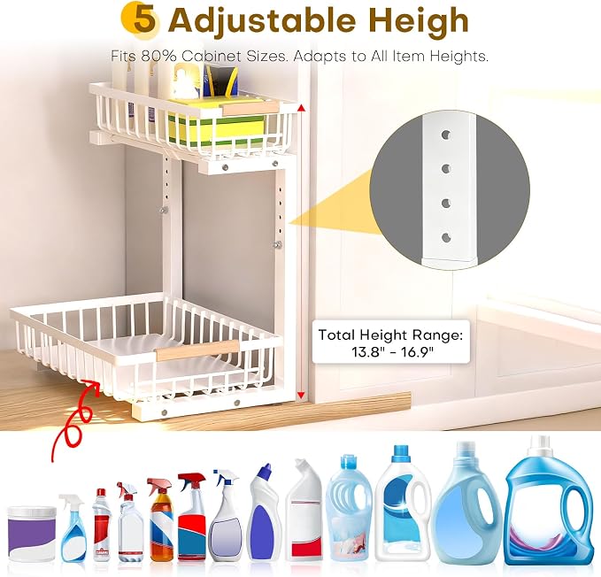 Under Sink Organizer, 2 Tier Pull Out Under-Sink Shelves, Adjustable Height (13.8" -16.9"), Sturdy Metal Storage Organizer for Bathroom Kitchen Pantry Cabinet (2 Packs, White)