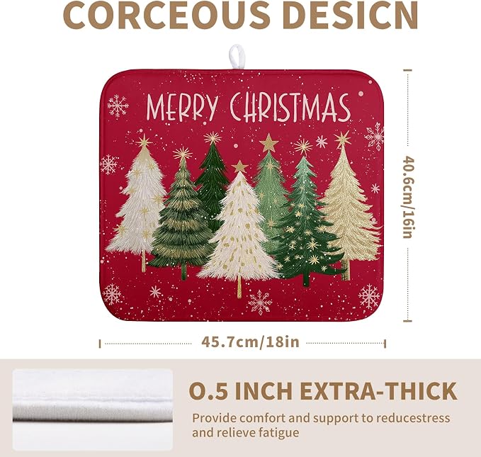 Merry Christmas Dish Drying Mat for Kitchen Counter 16x18 Inch Red Xmas Tree Snowflakes Drying Pad Winter Holiday Absorbent Microfiber Dish Draining Reversible Dish Drainer Rack Mat