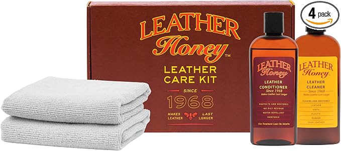 Leather Honey Complete Leather Care Kit – Non-Toxic, Made in USA | Trusted since 1968. Complete kit includes cleaner, conditioner and cloths. Clean & restore couches, car seats, jackets & bags