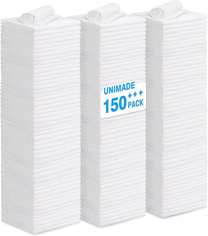 UNIMADE Shop Towels Rags, 150 Pack Reusable Shop Rags Bulk Microfiber Cleaning Cloth Lint Free Cleaning Towels for Car Kitchen Automotive Bar Mechanic Restaurant Garage, 11.5"x 11.5", White