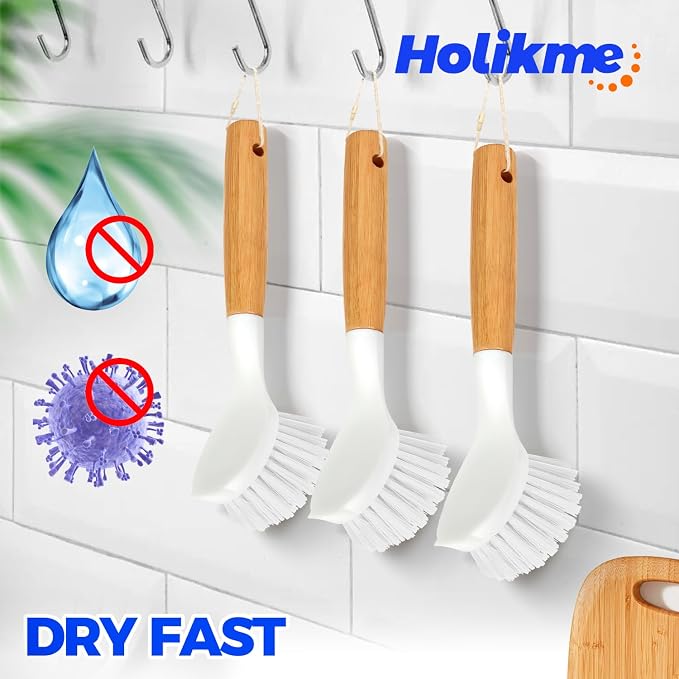 Holikme 3 Pack Dish Brush Set with Bamboo Handle, Kitchen Cleaner for Cleaning Pasta Plate, Salad Bowl, Scrubber with Soft Bristles, White
