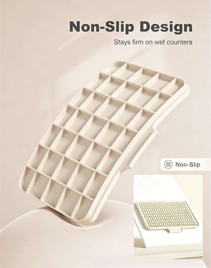 Rnivvi Silicone Dish Drying Mat for Kitchen Counter, 16 x 12" Drainer Pad with Drainage Spout, Non-Slip Countertop Protector Heat Resistant Trivet, Kitchen Decor Mat Sink Drip Pad for Dishes, Beige