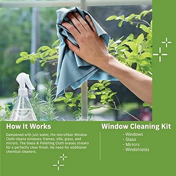 E-Cloth Microfiber Window Cleaning Cloth Kit - Glass Cleaning Cloth for Windows, Mirrors, Cars, Lenses, Eyeglasses, & More, Streak Free Clean, Machine Washable Reusable Towel - Green