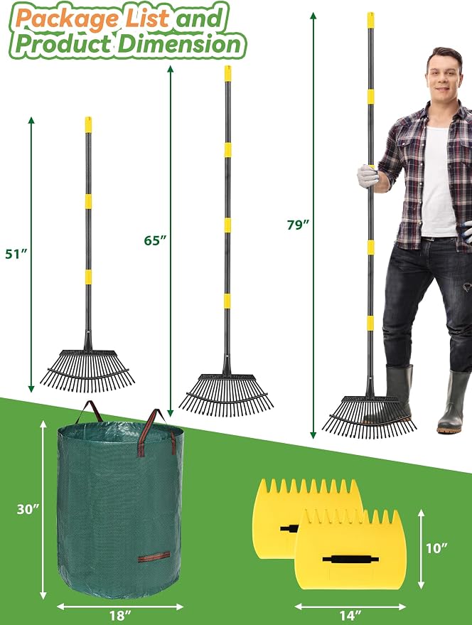 Garden Rake for Leaves Lawns, 3-in-1 Gardening Tools Set with 5 ft Metal Rake, Leaf Scoops Hand Claws, 32 Gallon Reusable Yard Waste Bag, Heavy Duty 25-Tine Rakes for Quick Pick Up, Clear n Collect