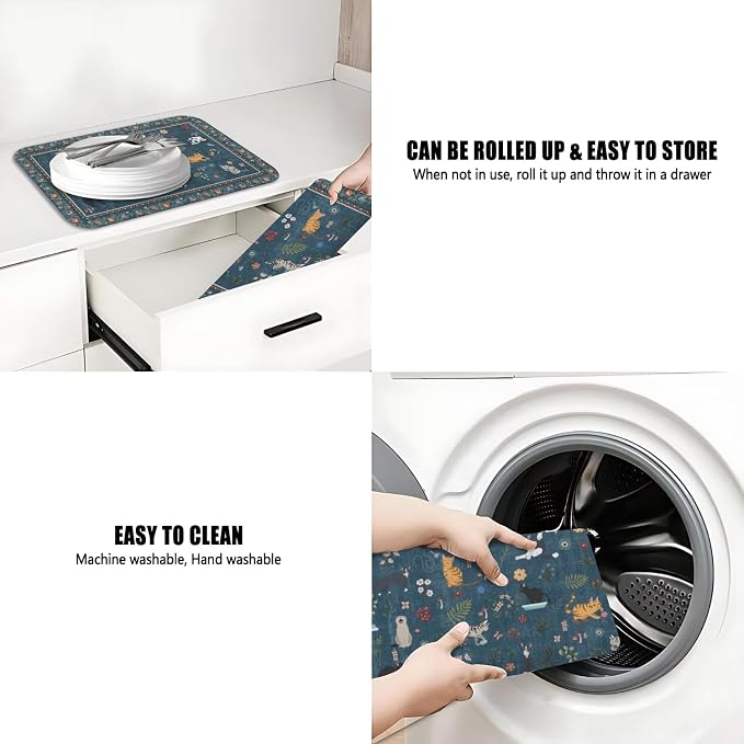 Dish Drying Mat 2-Pack in Vintage Cat Floral for Kitchen Counter Dishes Mat | Diatom Mud Mats (18x24, 19.5x12"). Non-slip rubber back for kitchen counter, coffee bar & sink scenes
