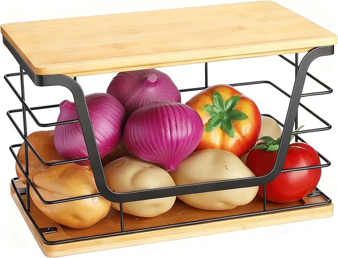 ALOCEO Large Wire Basket for Kitchen Pantry, Stainless Steel Kitchen Counter Organizer for Potato Onion, Trash Bag Dispenser Under Sink with Bamboo Top, Black
