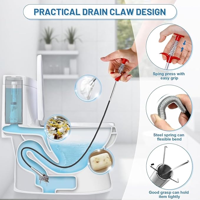 Drain Snake,33 inch Flexible Claw Grabber Tool,Drain Clog Remover - Snake Drain Hair Removal Tool for Home Sink, Bathroom Tub,Drain, Toilet, Tight Spaces