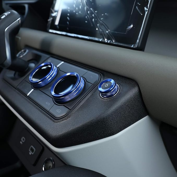 Aluminum Alloy Car Interior Air Conditioning & Volume Adjustment Knobs Decorative Cover Trim for Land Rover Defender 110 2020 Accessories (Blue)