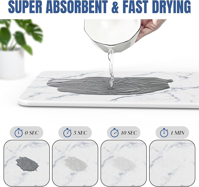 Quick Dry Stone Drying Mat for Kitchen Counter, Water-Absorbent Diatomaceous Dish Drying Mats, Multi-Purpose Stone Drying Tray for Cups Dishes Bottles, Carrara White Marble
