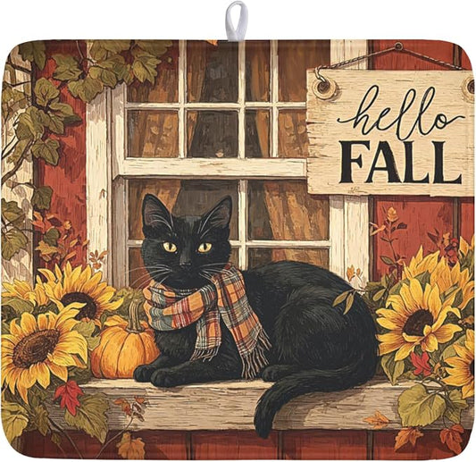 Fall Dish Drying Mat for Kitchen Counter Vintage Autumn Cat Sunflower Pumpkin Microfiber Dish Drainer Mat Rustic Farmhouse Absorbent Washable Drying Pad Extra Large 16"x18"
