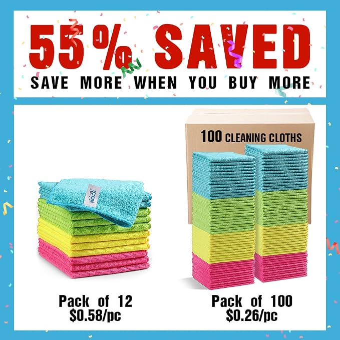 HOMEXCEL 100PK Microfiber Cleaning Cloth, Cleaning Rag for Home, 11.5x11.5 | Reusable, Lint Free, Scratch-Free and Highly Absorbent Towels for Kitchen, Window and Glass, Cars (Green/Blue/Yellow/Pink)