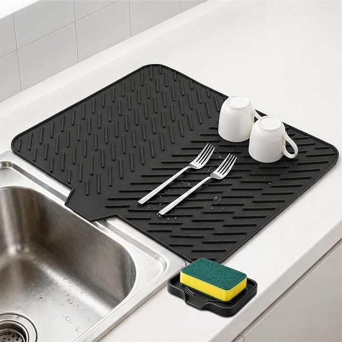 Large Silicone Dish Drying Mat – 23"x17" Sloped Sink Draining Tray with Sponge Holder for Kitchen Counter, Angled Surface for Water Drainage, Silicone Rack Mat with Drain Lip(Black)