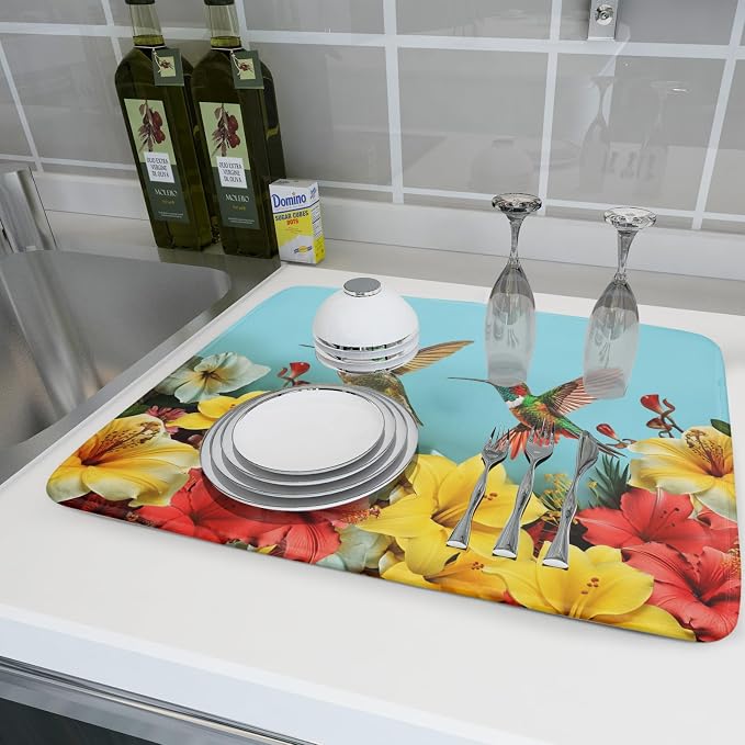 Kawani Hummingbirds Floral Dish Drying Mat for Kitchen Counter 18x24 In Hibiscus Tropical Drying Mat Farmhouse Fast Dry Absorbent Microfiber Dish Drainer Rack Pad Mat for Countertop Decor