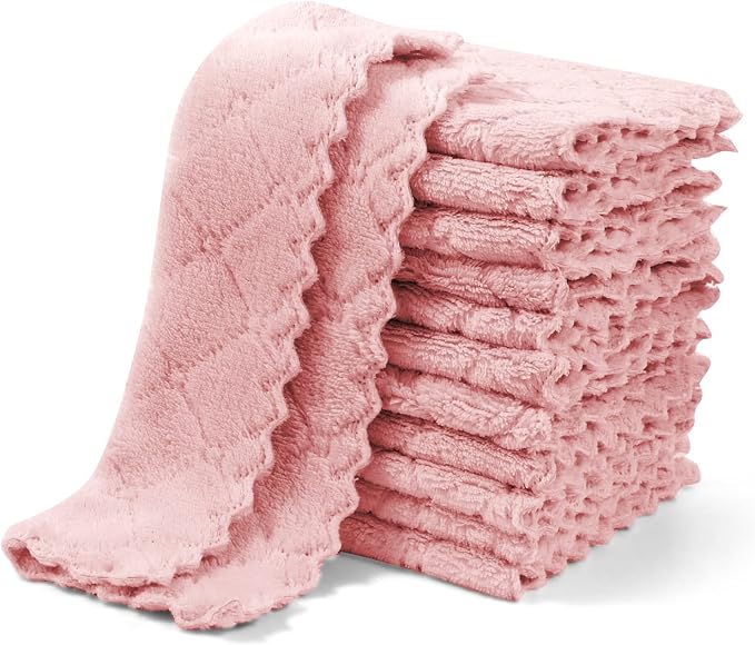UMANI 12 Pack Kitchen Dish Cloths, Ultra Soft Absorbent Quick Drying Dish Towels, Nonstick Oil Microfiber Cleaning Cloth, Machine Washable Coral Fleece Cleaning Rags (Pink)