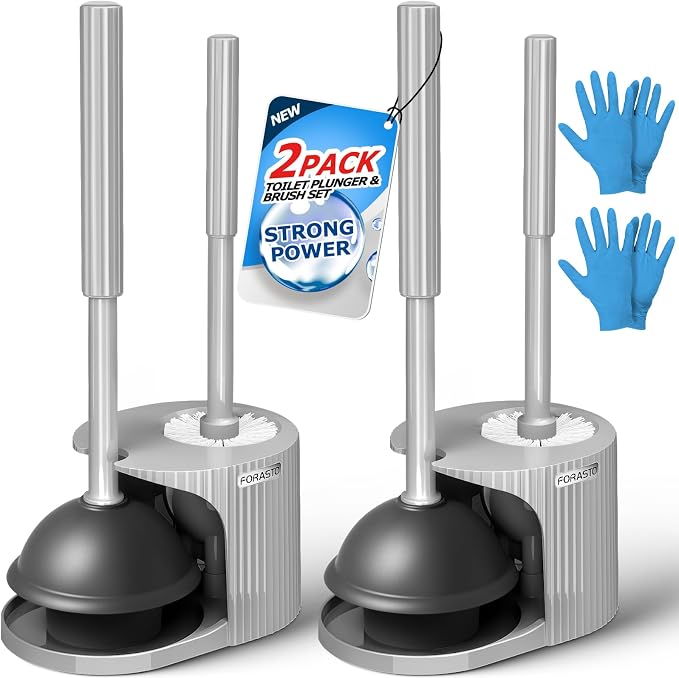 FORASTO 2Pack 3in1 Toilet Brush and Plunger Set - Bathroom Bowl Holder Kit | 21", Cleaning Gloves, Heavy Duty Rubber Toilet Bowl Cleaner, Apartment Must Haves Bathroom Decor Accessories, Dark Grey