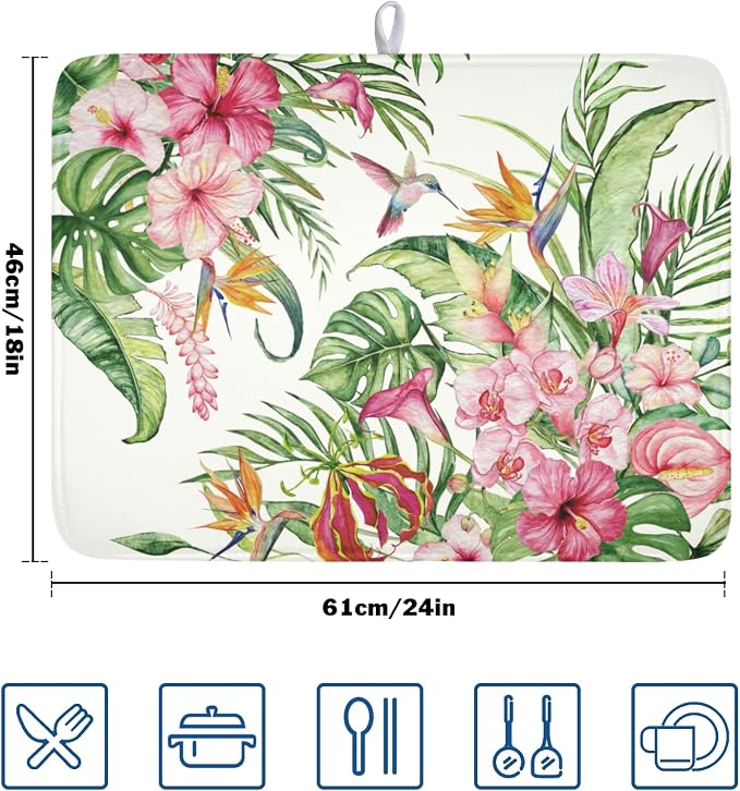 Floral Hibiscus Dish Drying Mat for Kitchen Counter 18x24 Inch | Floral，Polyester，Absorbent Microfiber，for Coffee Dining Bar Decor