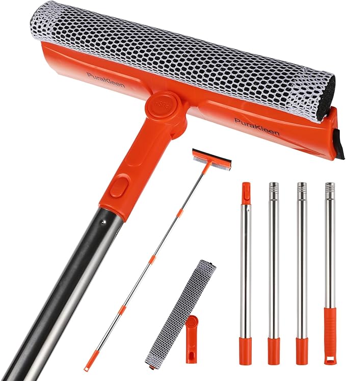 2-in-1 Window Squeegee with 62" Pole — Streak-Free & Sponge Scrubber | No ladder for high windows, skylights, shower doors, car & RV windshields, tile. Orange. Stainless pole sponge scrubber.