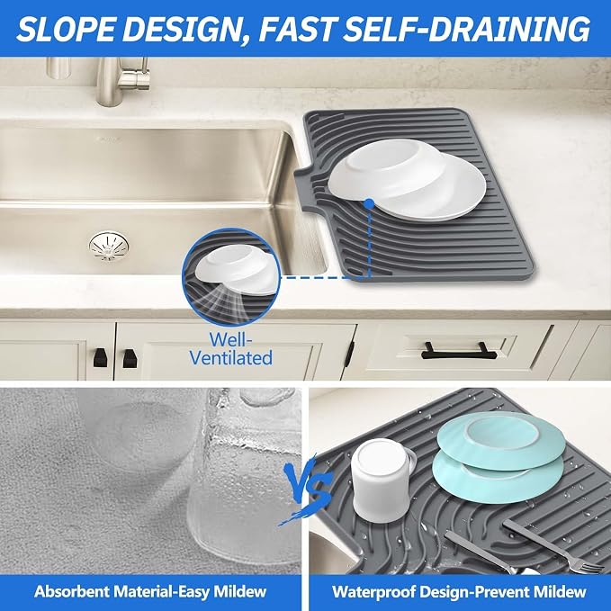 Dish Drying Mat for Kitchen Counter, with Built-in Drain Lip, Food-Grade Silicone, Easy Clean Pad for Countertop Protection, Multi-Functional Use (14.7x10.2, Grey)