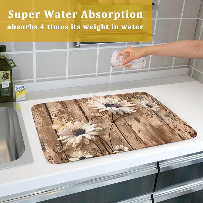 Summer Daisy Flowers Dish Drying Mat for Kitchen Counter 18x24 Inch Rustic Daisy Absorbent Dish Drying Mat Wood Microfiber Reversible Drying Pad Dish Drainer Mat for Countertops Tableware Decor