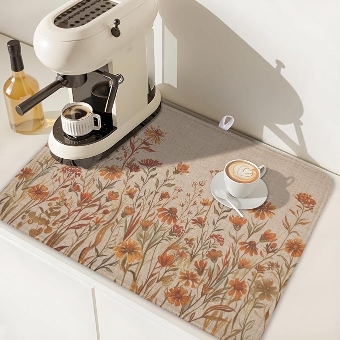 Fall Floral Dish Drying Mat for Kitchen Counter 18 x 24 Inch Autumn Sunflower Dish Drainer Mat Absorbent Microfiber Thanksgiving Dish Rack Pad for Coffee Dining Bar Kitchen Decor