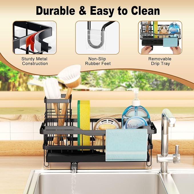 Sponge Holder for Kitchen Sink, Self-draining Sink Organizer with Towel Rack and Brush Holder, Metal Kitchen Sink Organizer for Countertop, Black