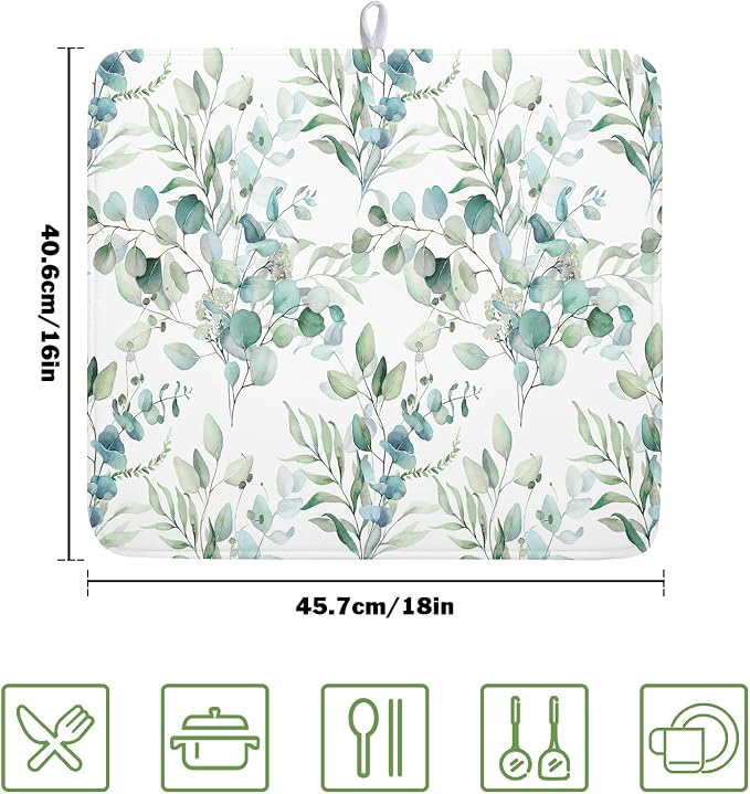 Watercolor Sage Leaves Dish Drying Mats for Kitchen Counter 16x18 Inch,Spring Leaves Kitchen Drying Mat,Sage Herbs Dishes Pad Dish Drainer Rack Mats Absorbent Fast Dry Kitchen Accessories