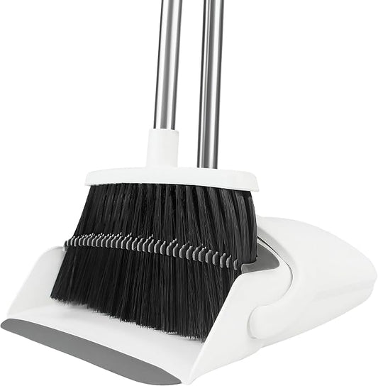 Broom and Dustpan Set, 52" Adjustable Handle Broom, White | Dustpan Self-Cleaning Teeth for Hair, 52" Long Handle Standing dustpan,Suitable for Home Kitchen Office Hall Floor