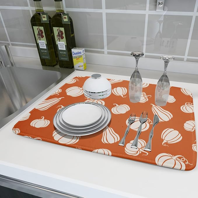 Fall Dish Drying Mat for Kitchen Counter Autumn White Pumpkins Festival Microfiber Absorbent Dish Draining Reusable Washable Foldable Extra Large 18"x24"