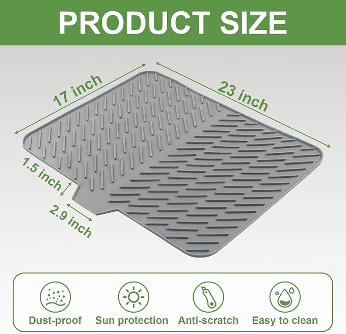 Silicone Drying Mat, 23"X17" With Built-in Drain Lip,Heat-Resistant,Eco-friendly,Hygienic Drying Pad,Leak-Proof and Non-Slip,Silicone Dish Drying Mat for Kitchen Counter or Sink（Gray 23X17）
