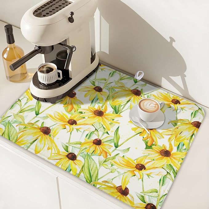 Yellow Sunflower Dish Drying Mat for Kitchen Counter 18x24 Inch | Floral，Polyester，Absorbent Microfiber，for Coffee Dining Bar Decor