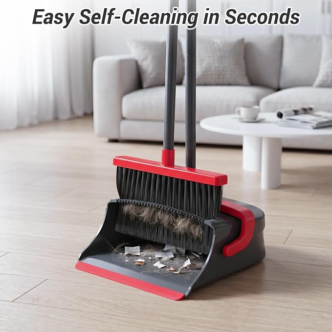Broom with Dustpan Combo Set, Long Handle Upright Standing Self-Cleaning Broom and Dustpan Set for Pet Hair & Dust Cleanup, Indoor Outdoor Use for Home, Kitchen, Office, Red & Gray