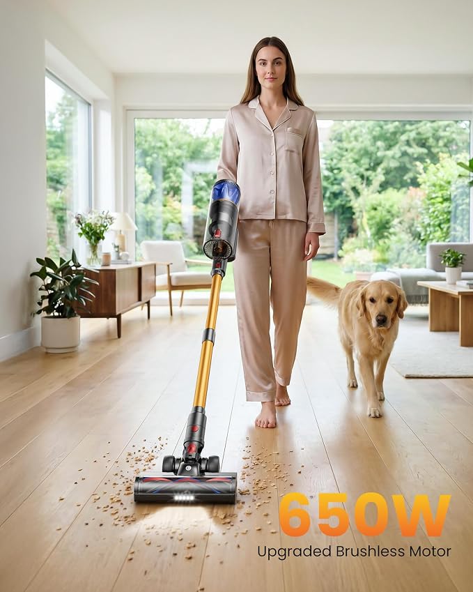 Cordless Vacuum Cleaner, 65KPA 650W 70Mins Stick Vacuum Cordless with Three Suction Modes, Self-Standing&LED Touch Screen, Anti-Tangle Brush, Vacuum Cleaners for Home/Pet Hair/Hardwood Floors/Carpet