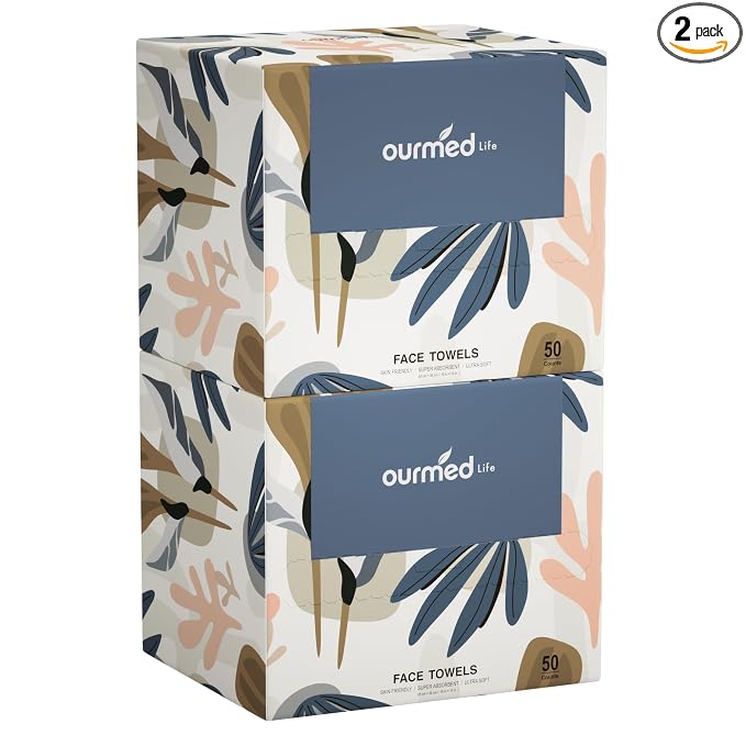 Ourmed Life Face Towels, Disposable Biodegradable Facial Towels for Sensitive Skin, Lint- free Face Wipes for Washing Face, Skincare and Makeup Remover, Dry Wipes, 10"×12" Extra Large, 100 Count