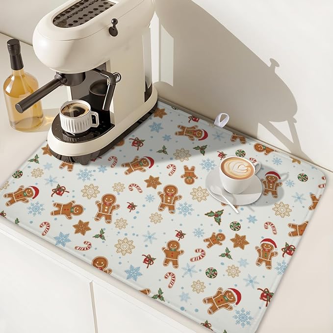 Christmas Gingerbread Man Dish Drying Mat 18x24 Inch Xmas Snowflake | Winter，Polyester，Absorbent Microfiber，for Kitchen Coffee Dining Bar Decor