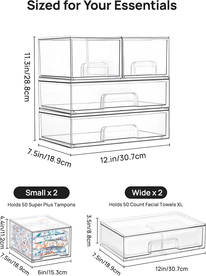 Vtopmart Stackable Storage Drawers Set of 4, Clear Plastic Organizer Bins for Bathroom Supplies,Ideal for Cabinet,Pantry,Laundry Room Organization