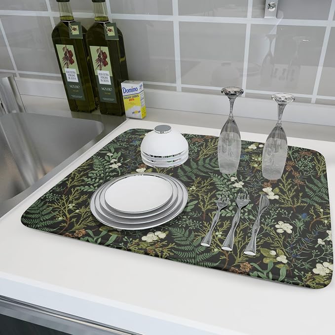 Green Plants Dish Drying Mat for Kitchen Counter Microfiber Absorbent Dish Draining Reusable Washable Foldable Extra Large 18"x24"