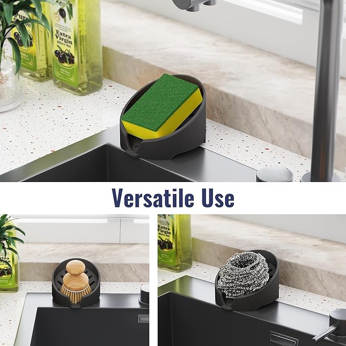 NiHome Silicone Sponge Holder Compatible with Scrub Daddy Mommy Sponges for Kitchen & Bathroom, Auto Draining Organizer, Holds Multiple Sponges & Cleaning Tools, Food-Grade, Dishwasher Safe (Black)