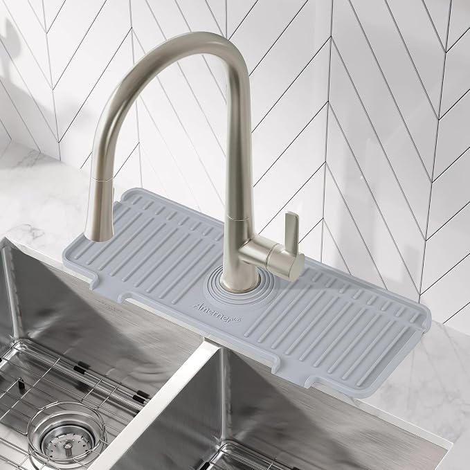 Amerner Kitchen Sink Splash Guard, Silicone Faucet Guard & Draining Mat, 10° Large Slope Sink Faucet Mat Splash Guard, Bathroom Sink Organizer, Kitchen Sink Accessories Gadgets, 14.2” x 5.1”, Gray