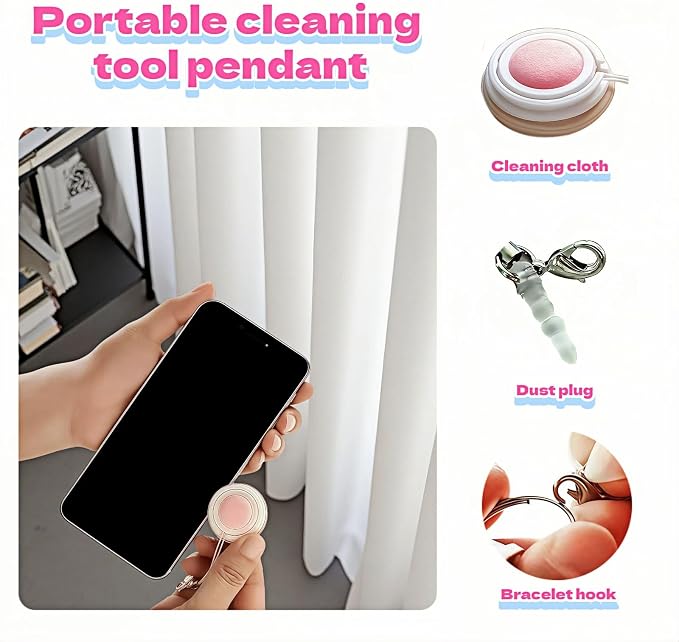 【2 Pack】 Phone Screen Cleaner Dust Plug, Portable Keychain Screen Cleaner for Glasses, Phone, Tablet, Lens - Reusable, Washable, Cute Design with Wrist Strap (Pink/Green) (Pink+Green)