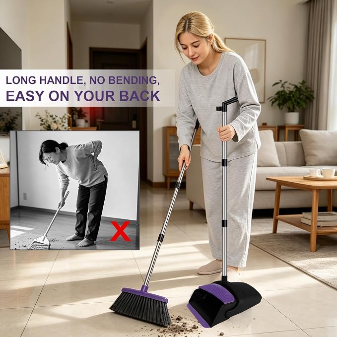 Broom and Dustpan Set, Upright Purple Broom with Dustpan Combo Set 51" Long Handle, Self Cleaning Dust Pan for Home, Kitchen and Office