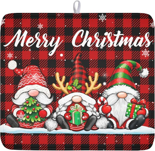 Merry Christmas Dish Drying Mat 16x18 Inch Xmas Santa Claus Winter | Polyester，Absorbent Microfiber，for Kitchen Coffee Dining Bar Decor