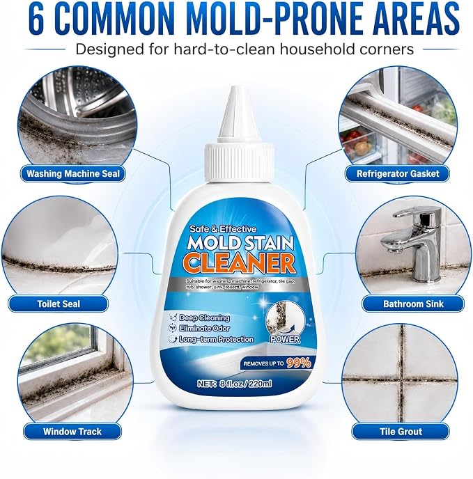 Mold Stain Remover Gel, 8 Fl Oz Heavy-Duty Thick Gel Formula for Washing Machine Seal, Front Load Washer Gasket, Bathroom Grout, Shower, Silicone Caulk, Tile & Sink Cleaner