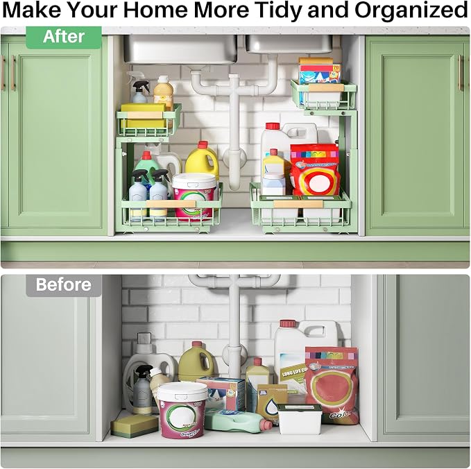 Kitstorack Under Sink Organizer, 2 Tier Under the Sink Storage, Slide out Pull out Cabinet Organizer Shelf, Metal Sliding Drawer for Kitchen Bathroom Pantry Closet Organization Rack, Green, 2 Pack