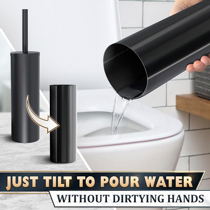 Stainless Steel Toilet Brush and Holder Set, Splash Guard (Black) | Matte Black Toilet Brush and Holder Set, Removable Bowl, Dense Bristles, Long Handle, Scratch Resistant, for Modern Bathrooms