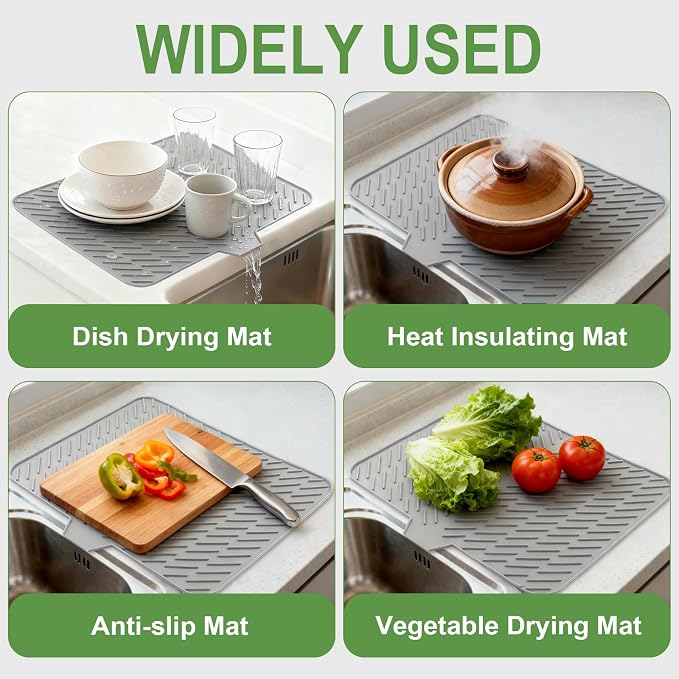 Silicone Drying Mat, 23"X17" With Built-in Drain Lip,Heat-Resistant,Eco-friendly,Hygienic Drying Pad,Leak-Proof and Non-Slip,Silicone Dish Drying Mat for Kitchen Counter or Sink（Gray 23X17）